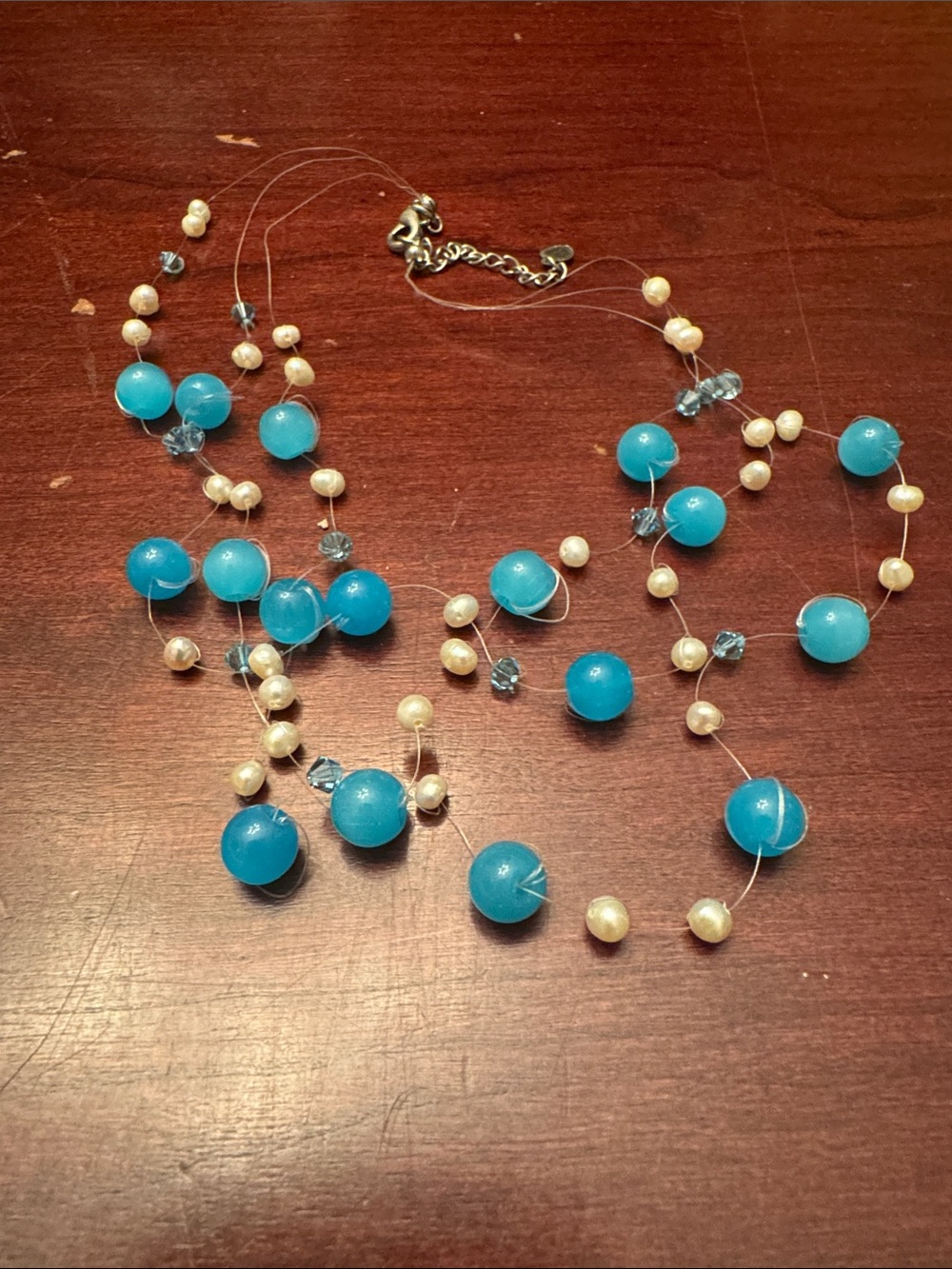 Blue Beaded Pearl and Crystal Station Necklace. Handmade